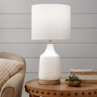 Hampton Bay Saddlebrook 21.5&quot; Cream Ceramic and Faux Wood Table Lamp with Shade