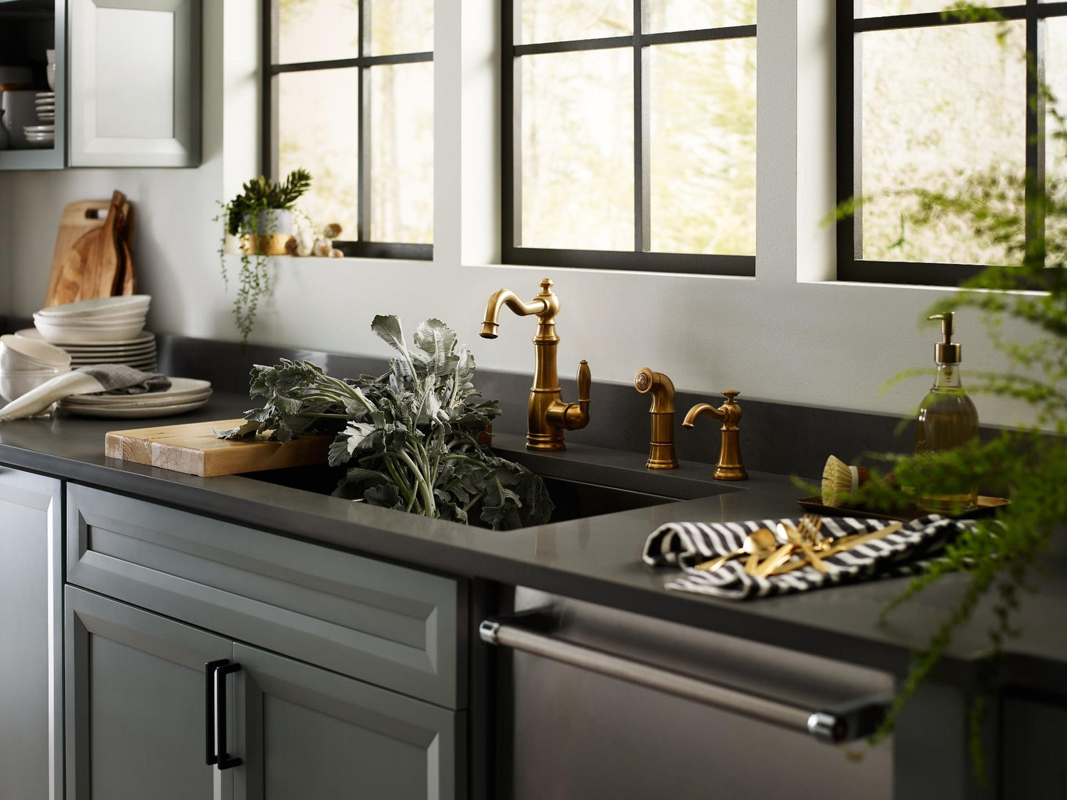 MOEN S3945BG Traditional Deck Mounted Kitchen Soap Dispenser with Above the Sink Refillable Bottle in Brushed Gold