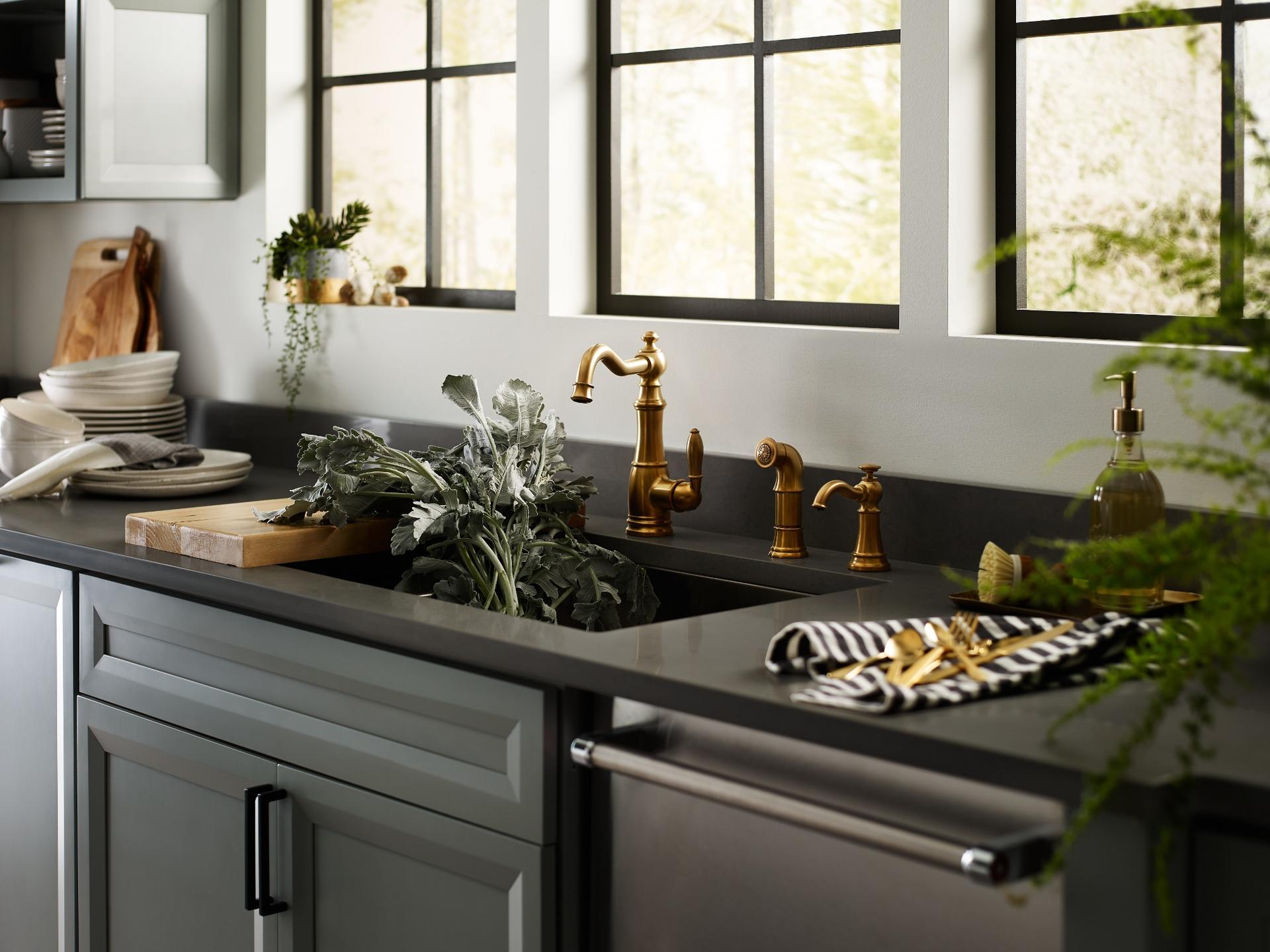 MOEN S3945BG Traditional Deck Mounted Kitchen Soap Dispenser with Above the Sink Refillable Bottle in Brushed Gold