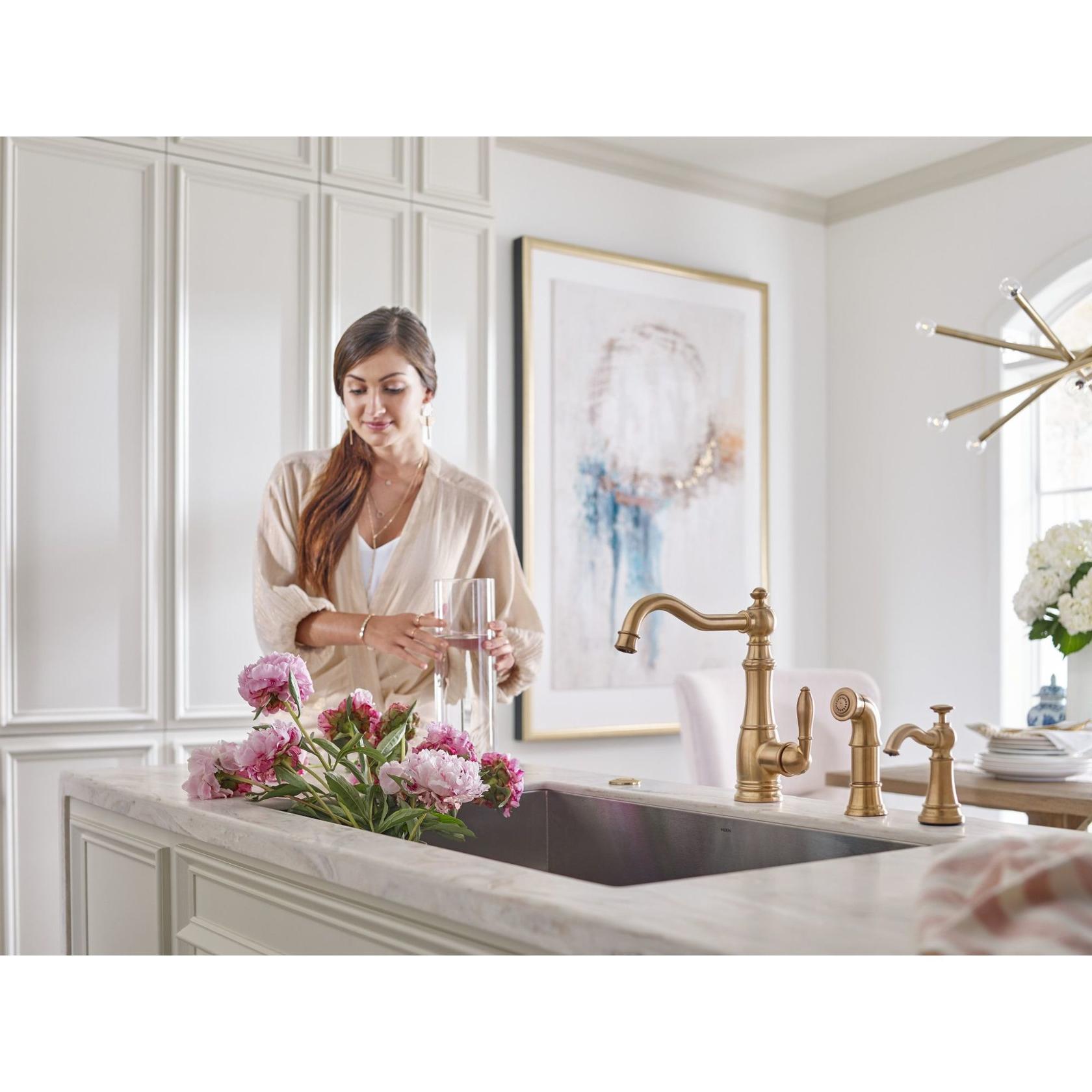 MOEN S3945BG Traditional Deck Mounted Kitchen Soap Dispenser with Above the Sink Refillable Bottle in Brushed Gold