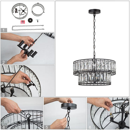 Crystal Chandelier for Dining Room, 4-Light Round Chandelier 2-Tier, 15.5&quot; Dia