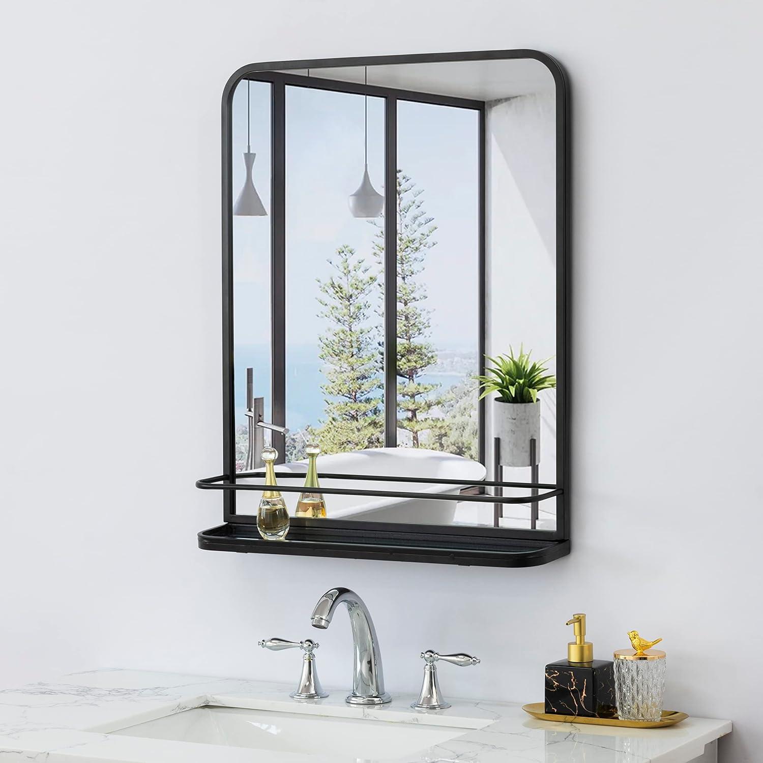 Matte Black Farmhouse Bathroom Mirror with Shelf Modern Vanity Mirror for Wall 22 in. x 27 in.