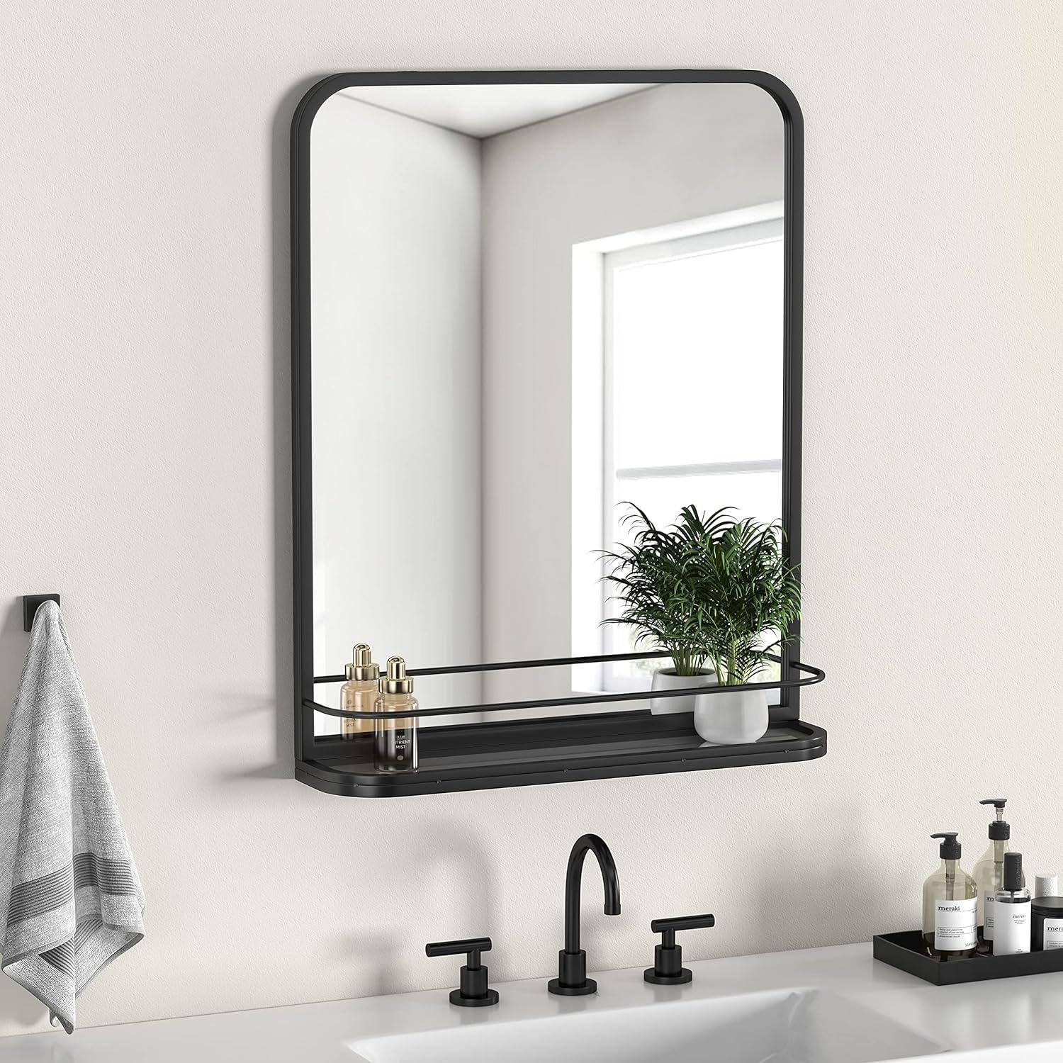 Matte Black Farmhouse Bathroom Mirror with Shelf Modern Vanity Mirror for Wall 22 in. x 27 in.