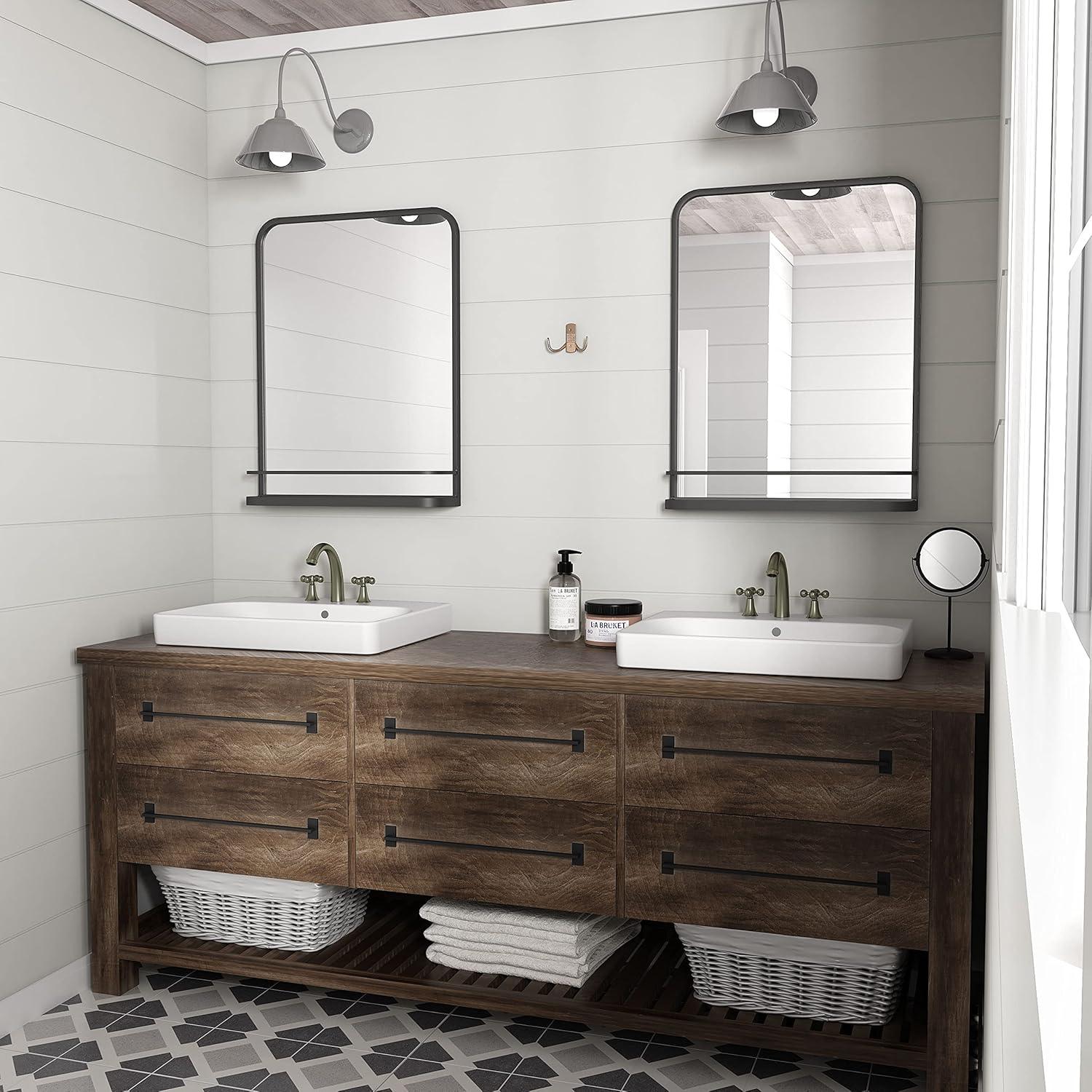 Matte Black Farmhouse Bathroom Mirror with Shelf Modern Vanity Mirror for Wall 22 in. x 27 in.