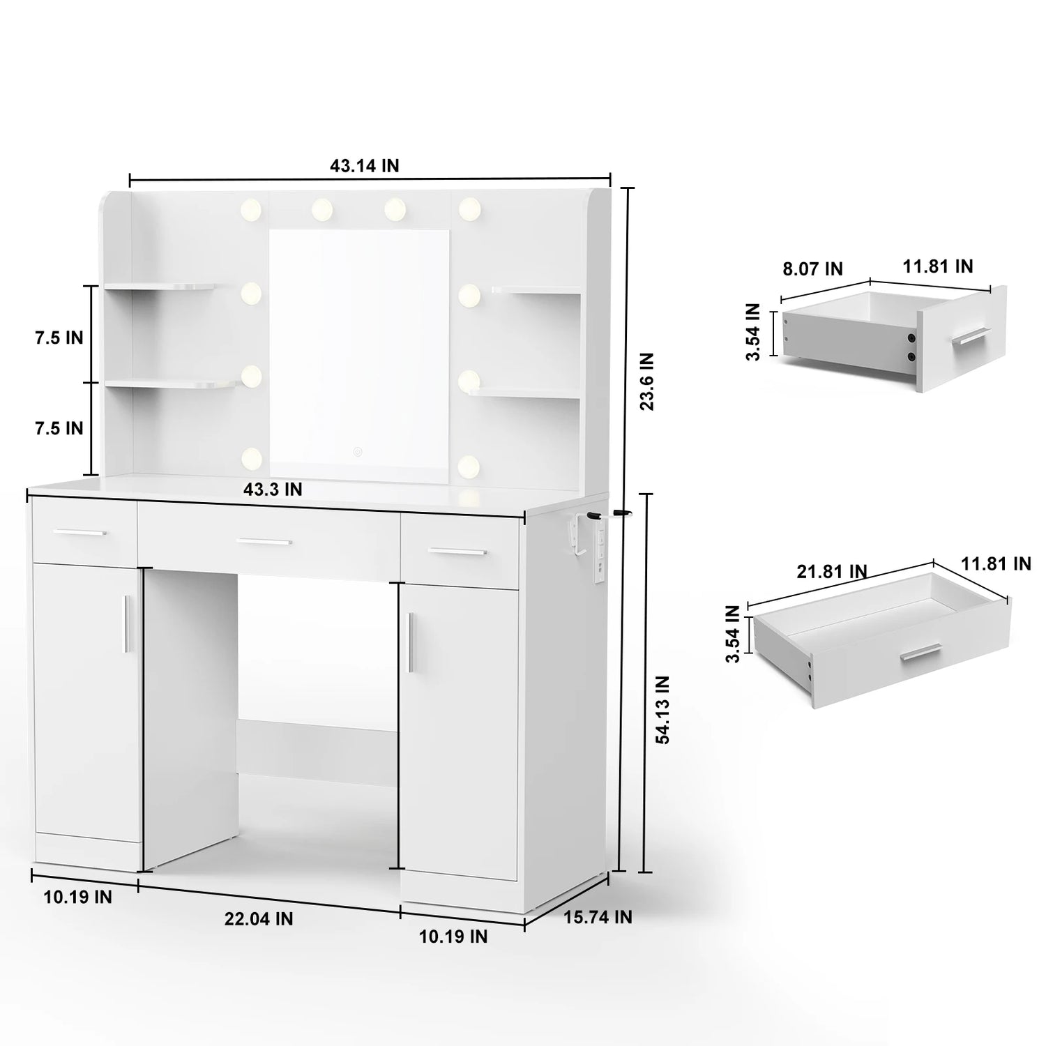Vanity Desk with Mirror, LED Lights &amp; Adjustable Brightness, Bedroom Dresser