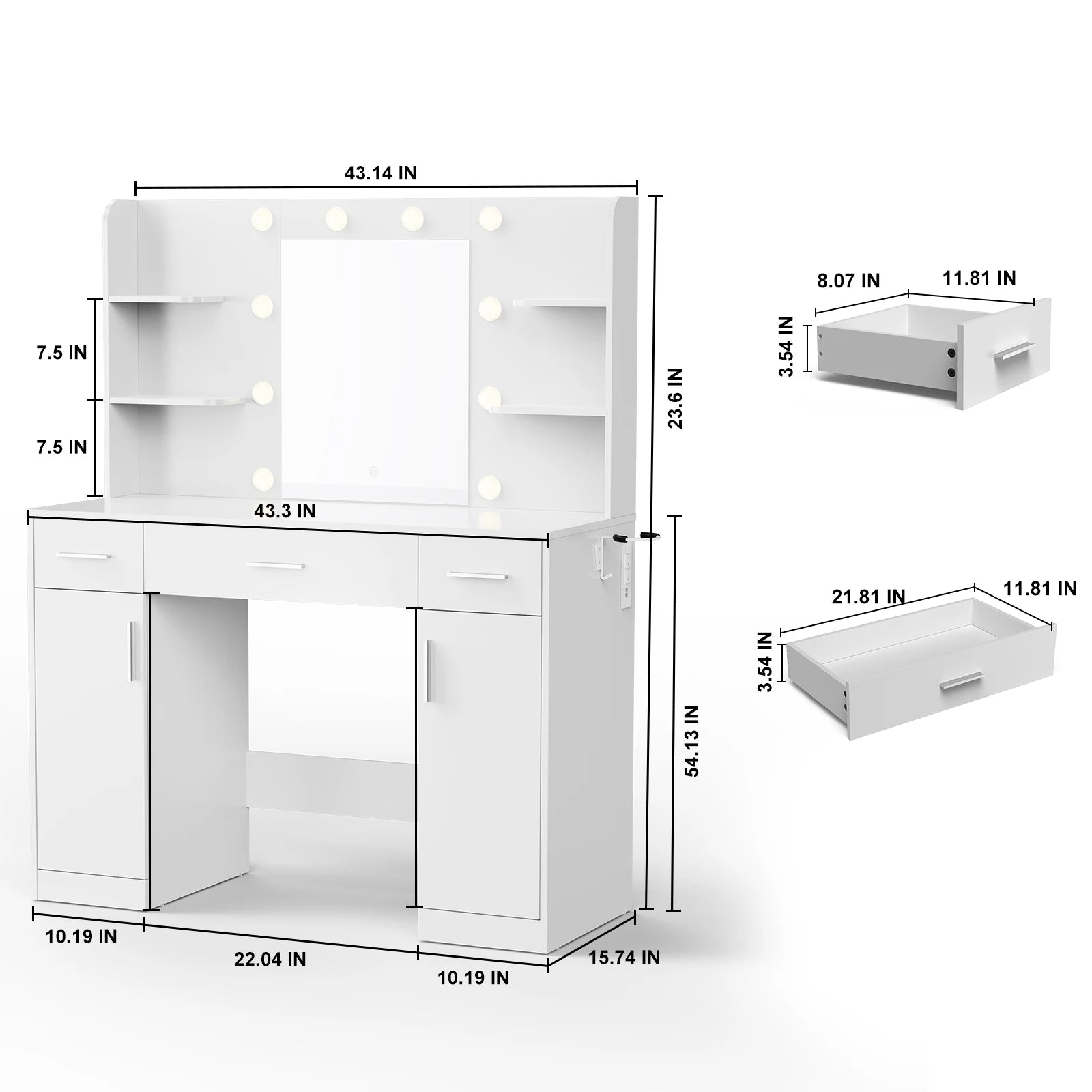 Vanity Desk with Mirror, LED Lights &amp; Adjustable Brightness, Bedroom Dresser