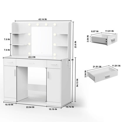 Vanity Desk with Mirror, LED Lights &amp; Adjustable Brightness, Bedroom Dresser