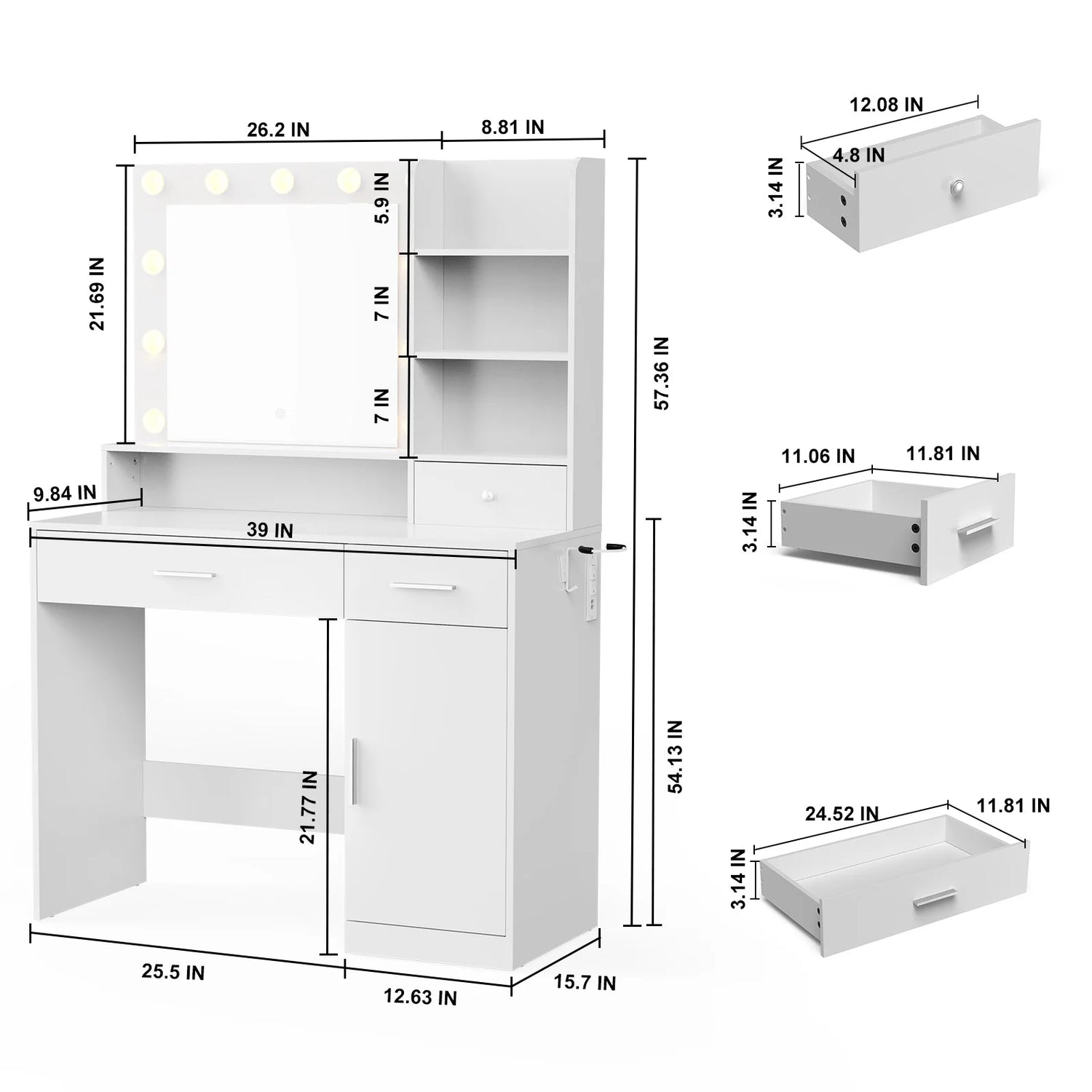 Vanity Desk with Mirror, LED Lights &amp; Adjustable Brightness, Bedroom Dresser