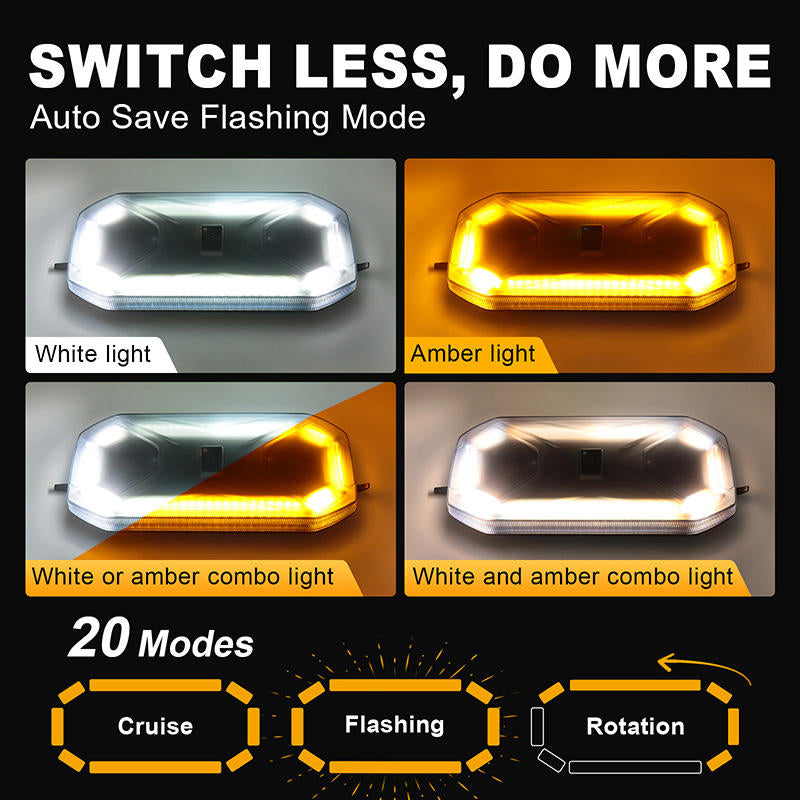 AgriEyes Wireless Mini Strobe Light Bar, Rechargeable Magnetic Amber/White LED for Truck, RV, Trailer (Remote Controlled)