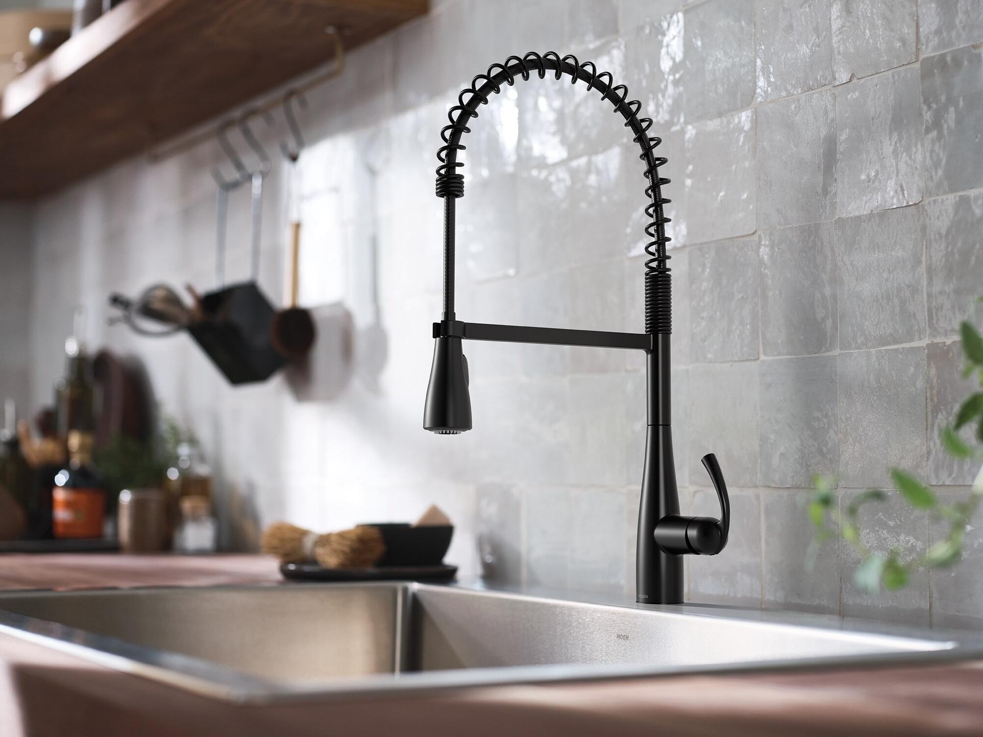 MOEN Essie Single-Handle Pre-Rinse Spring Pulldown Sprayer Kitchen Faucet with Power Clean in Matte Black