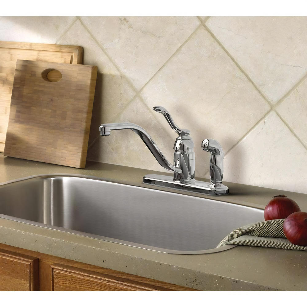 MOEN Banbury CA87527 Single-Handle Low-Arc Standard Kitchen Faucet with Side Sprayer in Chrome