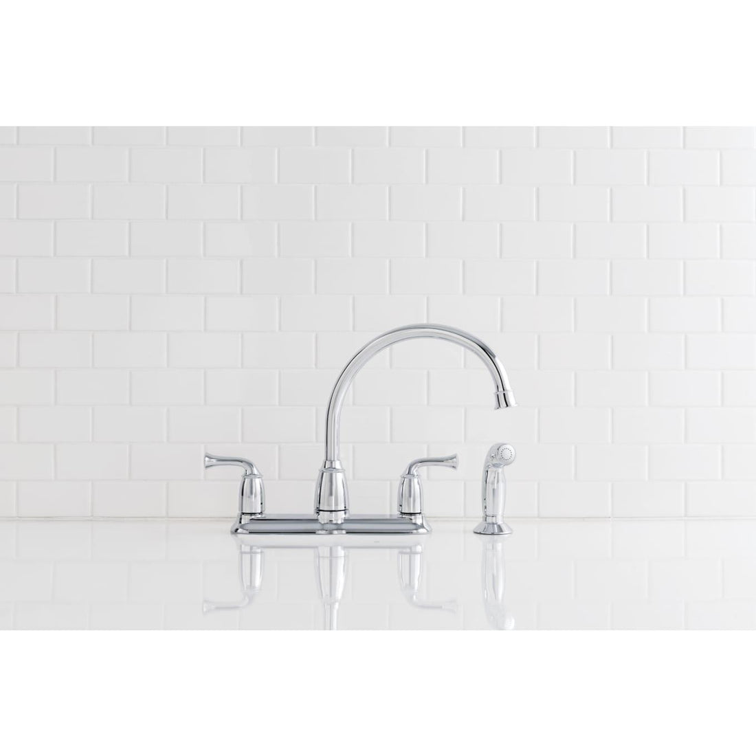 MOEN Banbury CA87553 Double Handle Mid-Arc Standard Kitchen Faucet with Side Sprayer in Chrome