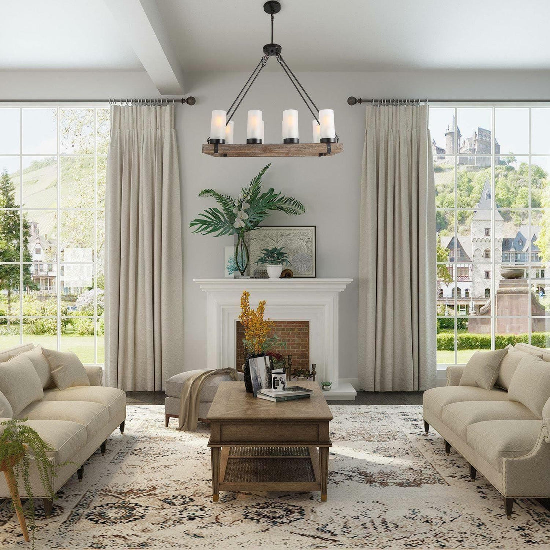 Wood Chandelier Farmhouse 8-Light Brown Linear Black Chandelier Island Pendant Light with Frosted Cylinder Glass Shades - Like New