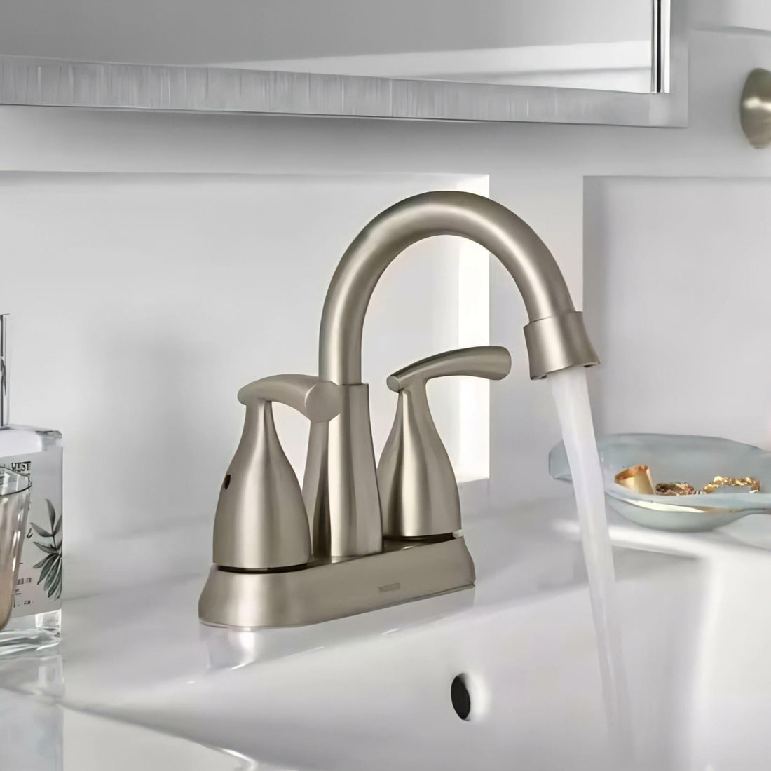 MOEN Essie 84128SRN Two Handle Centerset Bathroom Faucet in Spot Resist Brushed Nickel