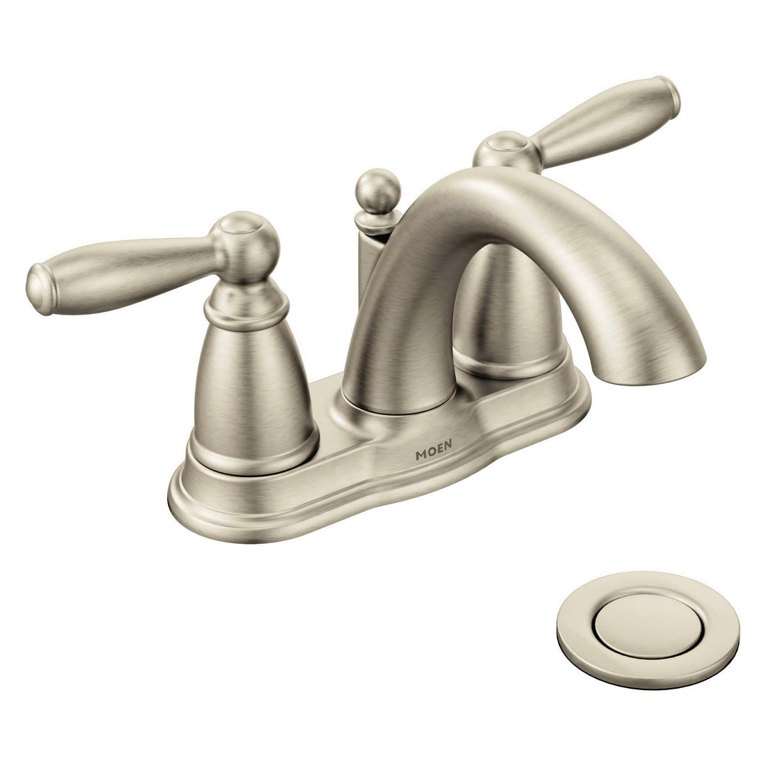 MOEN Brantford 6610BN Centerset 2-Handle Low-Arc Bathroom Faucet in Brushed Nickel with Metal Drain Assembly