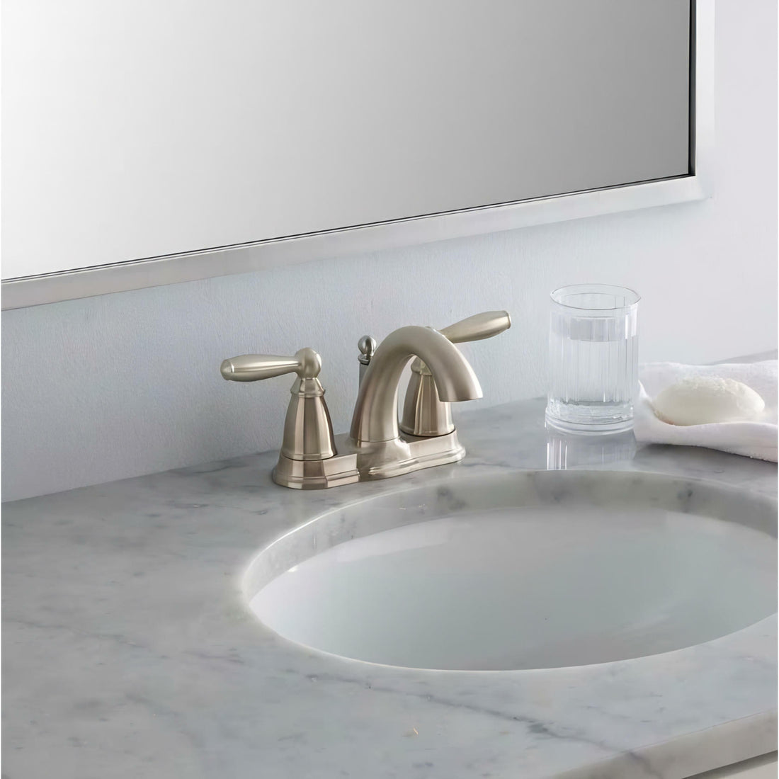 MOEN Brantford 6610BN Centerset 2-Handle Low-Arc Bathroom Faucet in Brushed Nickel with Metal Drain Assembly