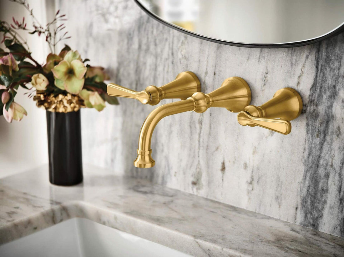 MOEN Colinet TS44104BG Traditional Lever Handle Wall Mount Widespread Bathroom Faucet in Brushed Gold (Valve Required)