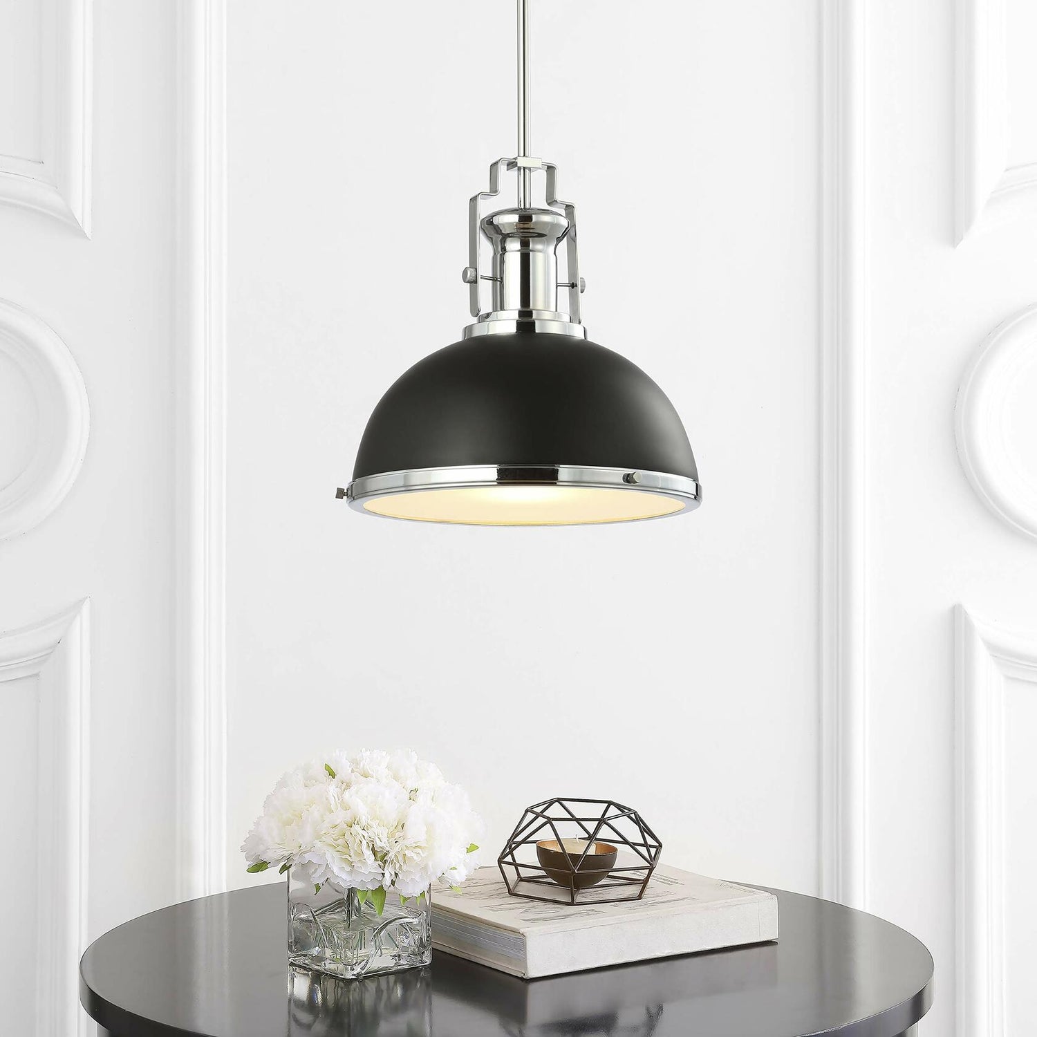 JONATHAN Y JYL9536B Homer 13&quot; Adjustable Iron/Glass Vintage LED Kitchen Pendant for Living Room Bedroom, Classic Cottage, Black/Chrome