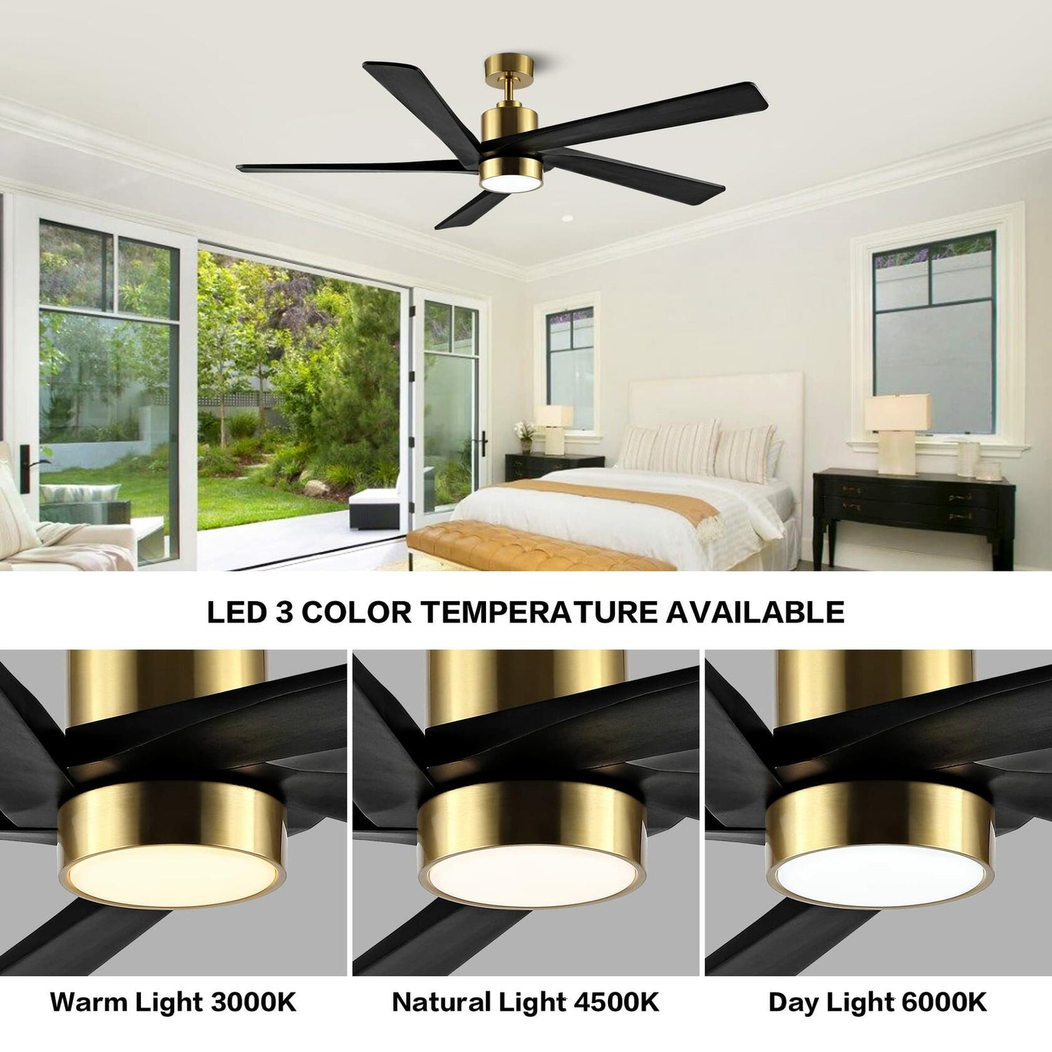 WINGBO 64 Inch DC Ceiling Fan with Lights and Remote Control, 5 Reversible Carved Wood Blades, 6-Speed Noiseless DC Motor, Modern Ceiling Fan in Brass Finish with Balck Blades, ETL Listed - Like New