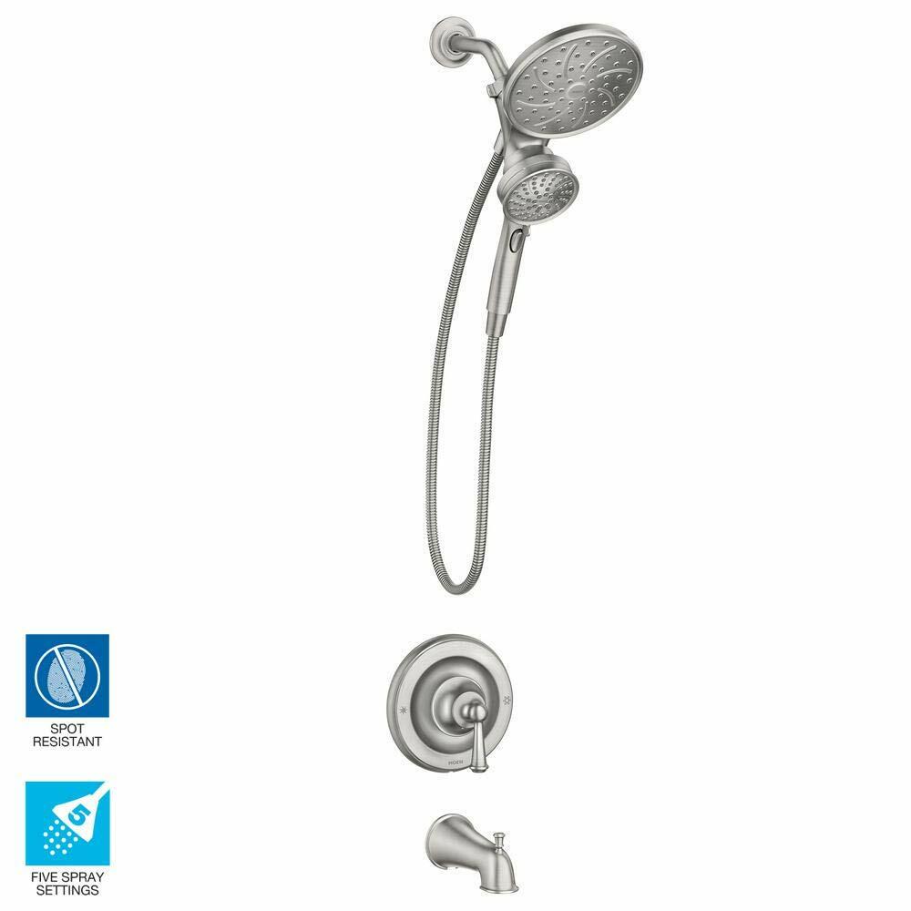 MOEN Brecklyn 82611SRN Single Handle 6-Spray Tub Shower Faucet w/ Magnetix Rainshower in Spot Resist Brushed Nickel (Valve Included)
