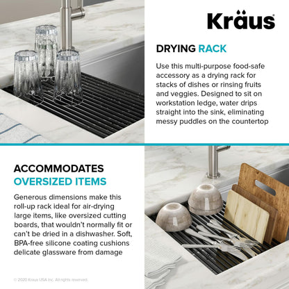 Kraus Multipurpose Workstation Sink Roll-Up Dish Drying Rack, Colander and Trivet in Black, KRM-11BL