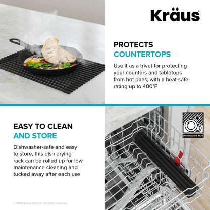 Kraus Multipurpose Workstation Sink Roll-Up Dish Drying Rack, Colander and Trivet in Black, KRM-11BL