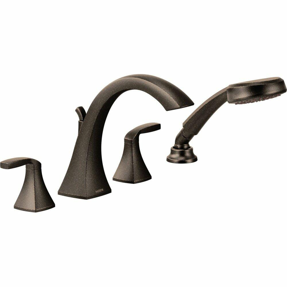 MOEN Voss T694ORB Two Handle High-Arc Roman Tub Faucet Trim Kit with Hand Shower in Oil Rubbed Bronze (Valve Not Included)