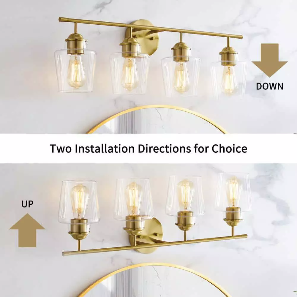 KAWOTI 4-Light Vanity Light for Bathroom  Modern Bathroom Light Fixtures with Glass Shade (Antique Brass) - Like New