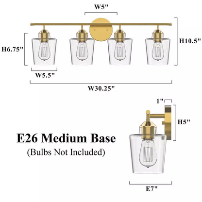 KAWOTI 4-Light Vanity Light for Bathroom  Modern Bathroom Light Fixtures with Glass Shade (Antique Brass) - Like New
