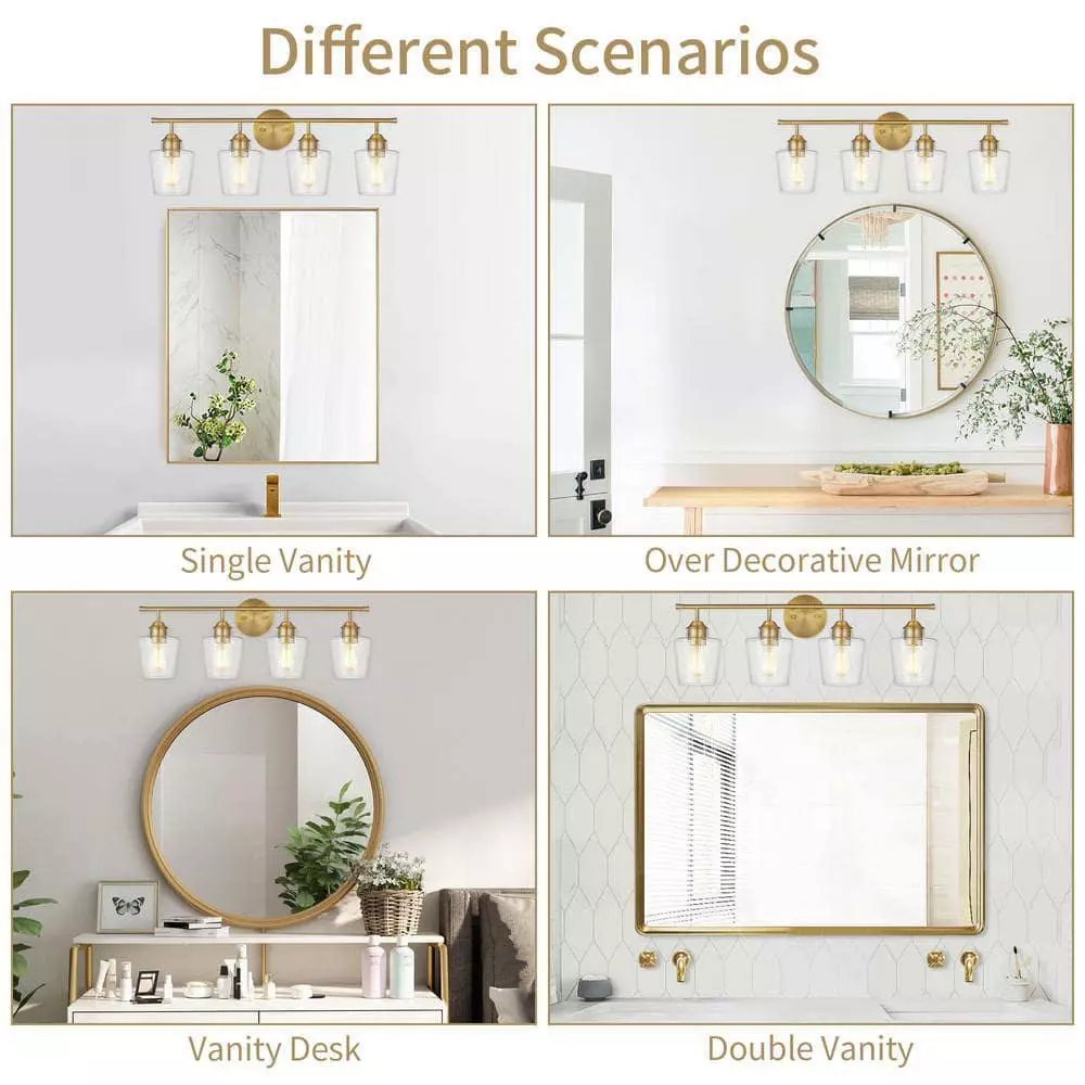 KAWOTI 4-Light Vanity Light for Bathroom  Modern Bathroom Light Fixtures with Glass Shade (Antique Brass) - Like New